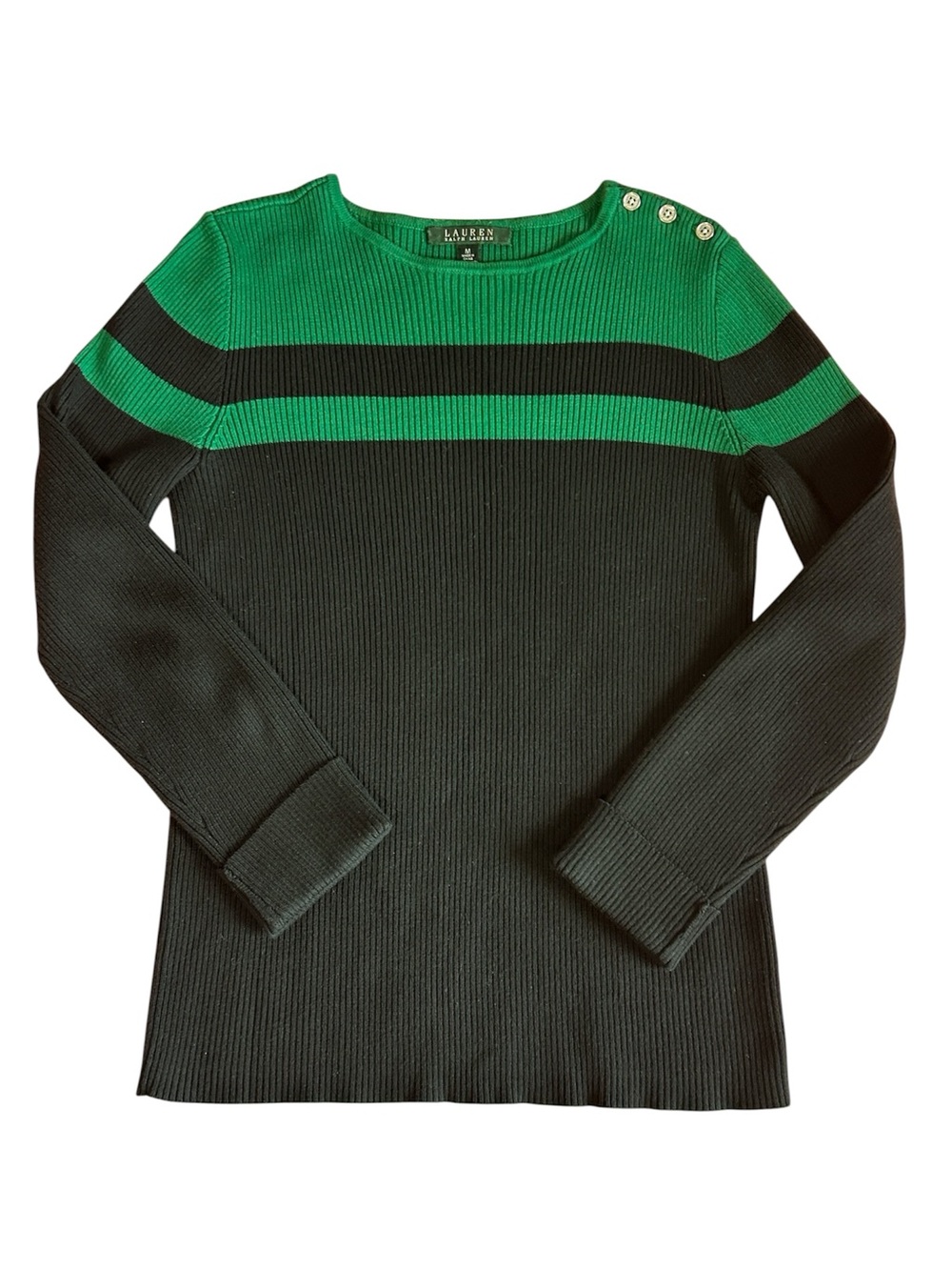Lauren Ralph Lauren Green and Black Ribbed Knit Sweater Shoulder Button size M